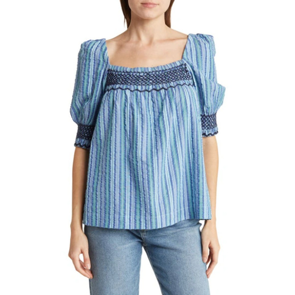 Faherty Top Womens Large Presley Seersucker Coast Boho Smocked Peasant Fairycore - Picture 2 of 8